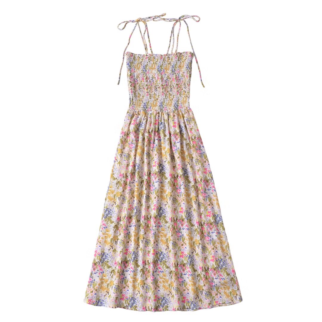 Robe d'été à taille élastique et à imprimé floral vintage français