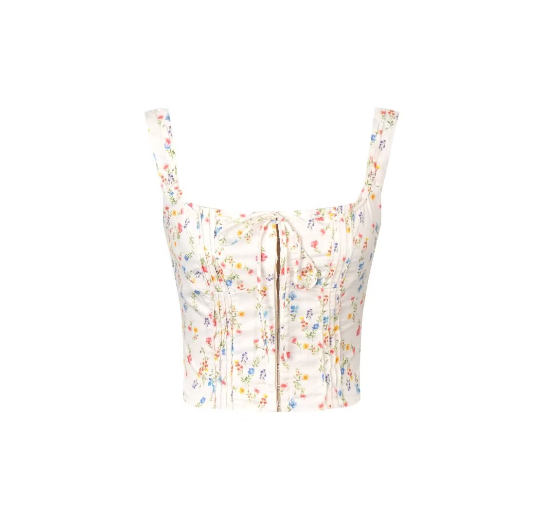 Débardeur à lacets pour femme avec motif floral et coupe slim plissée