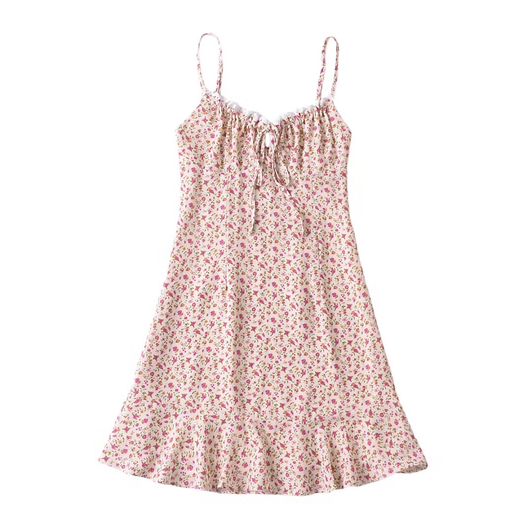 Robe d'été sexy à volants en dentelle à imprimé floral vintage français avec nœud et lacets