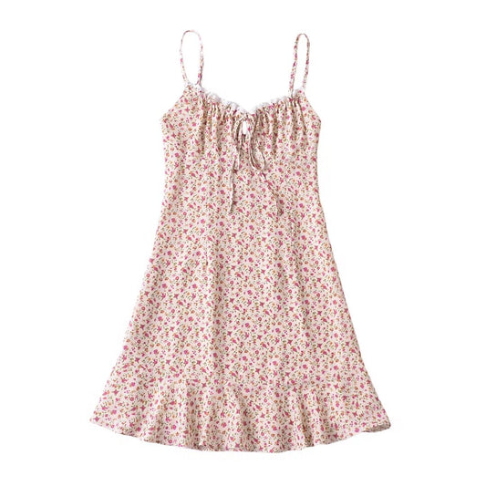 Robe d'été sexy à volants en dentelle à imprimé floral vintage français avec nœud et lacets