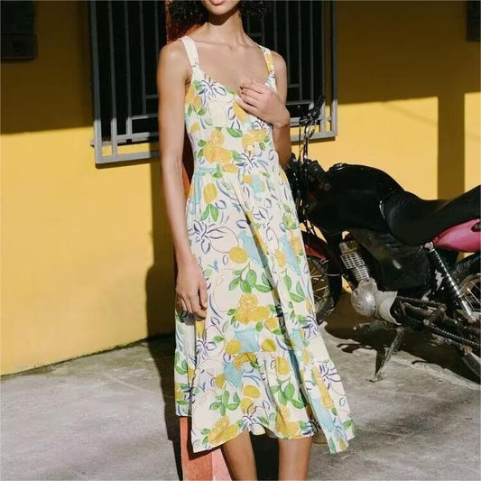 Summer Dignified Floral Printing Slim Fit Slimming Spaghetti Straps Dress