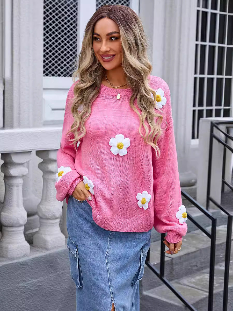 Autumn Winter Women Pullover Floral Sweater Round Neck Long Sleeve Sweater Women