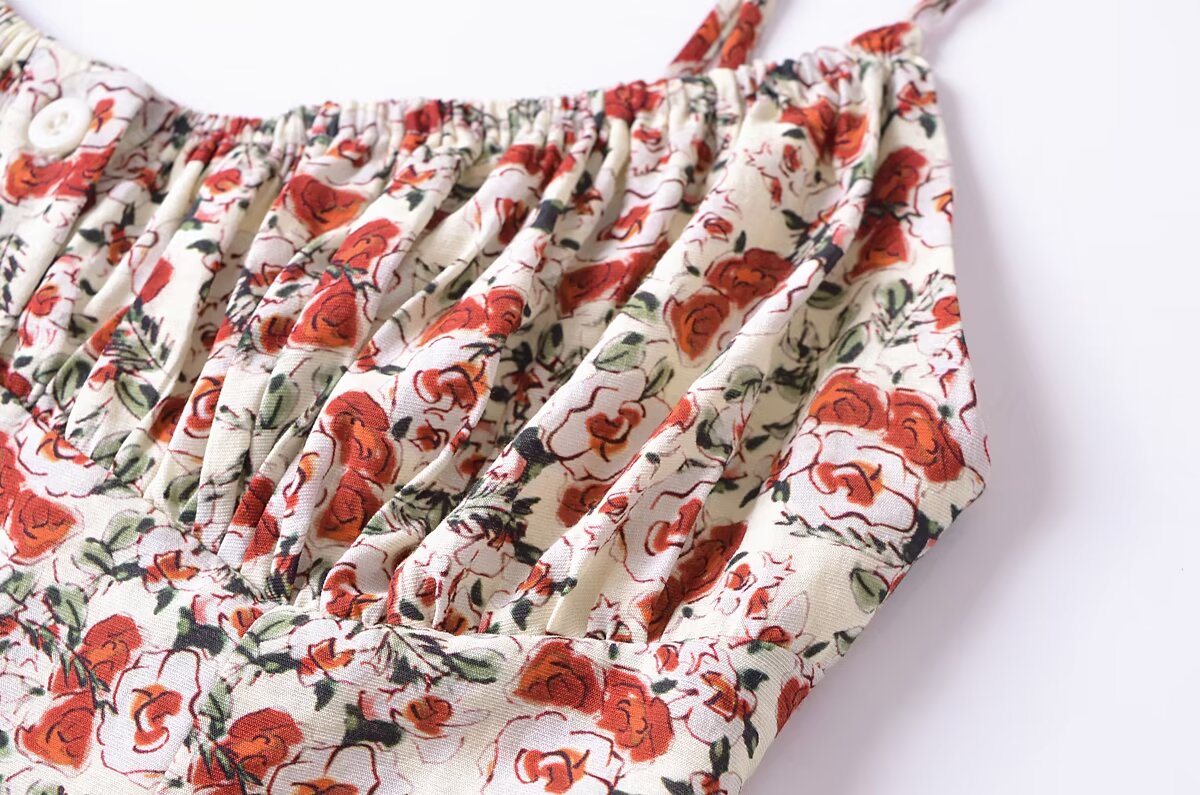 Cardigan d'été français Vintage imprimé Floral, bouton à volants, bretelles plissées, Tup