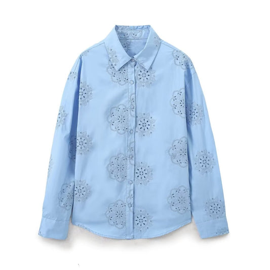 Summer Women Collared Adhesive Floral Embroidery Decorative Poplin Long Sleeve Shirt Women