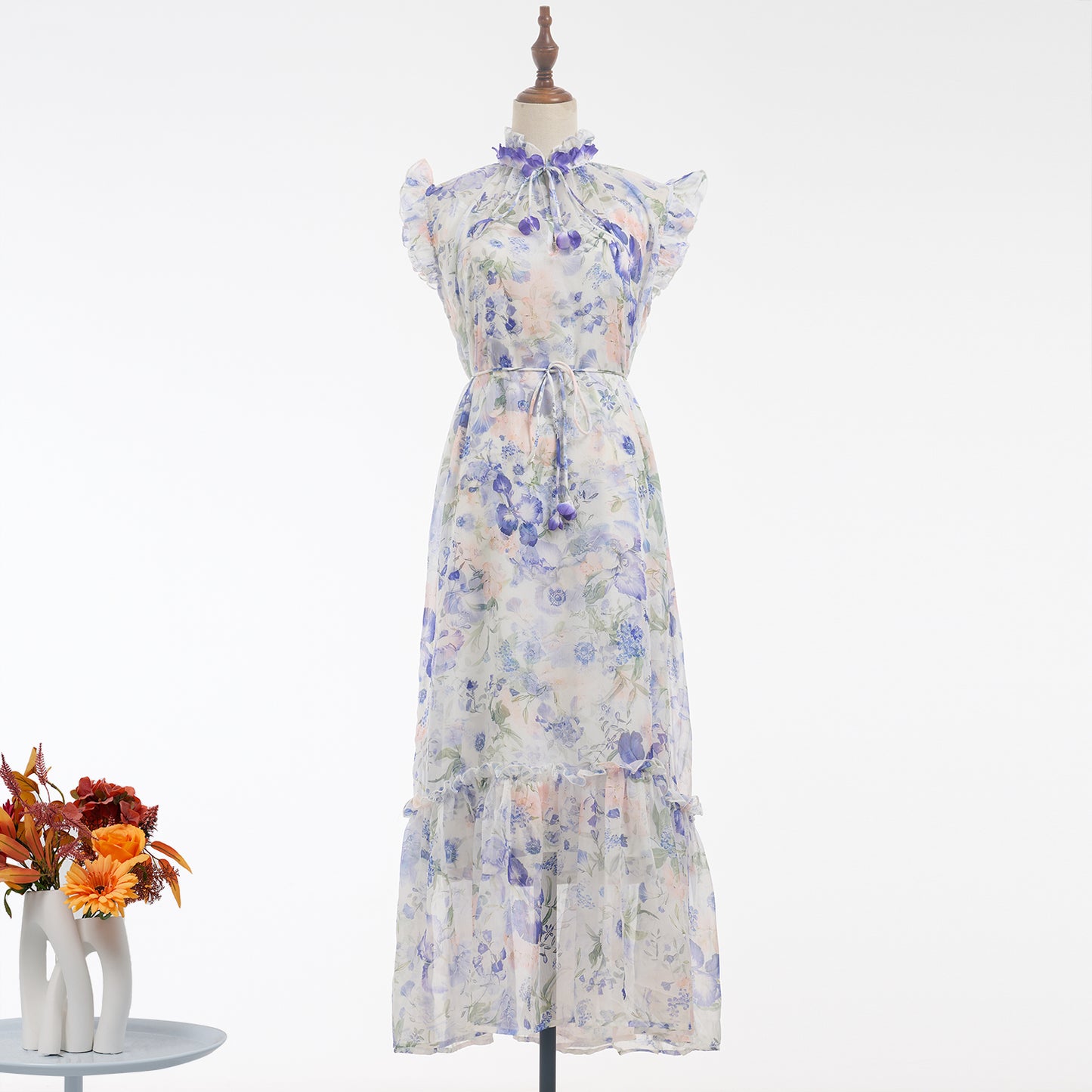 Robe deux pièces fraîche et élégante pour vacances, écharpe à fleurs tridimensionnelle robuste