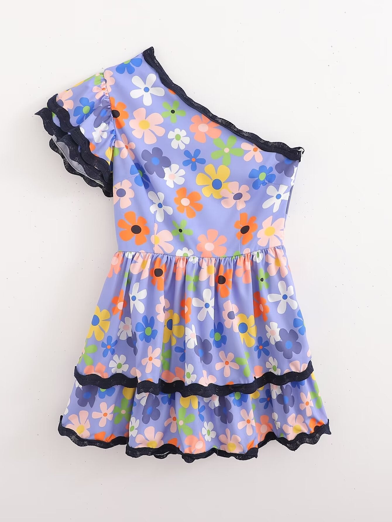 Summer Women Ribbon Stitching Printing Diagonal Shoulder Tiered Dress