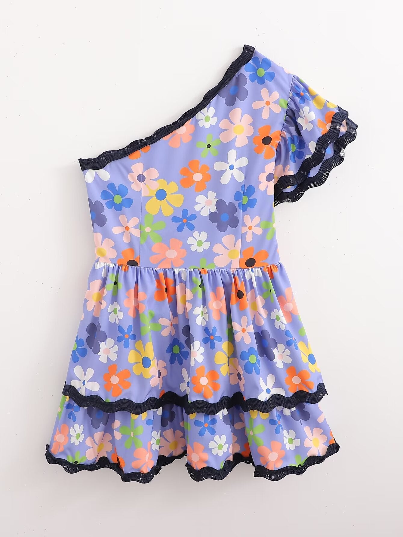 Summer Women Ribbon Stitching Printing Diagonal Shoulder Tiered Dress