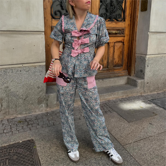 Traje de pantalón informal de Color contrastante con estampado de lazo y cuello de muñeca para mujer