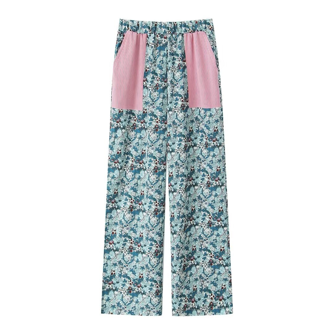 Traje de pantalón informal de Color contrastante con estampado de lazo y cuello de muñeca para mujer