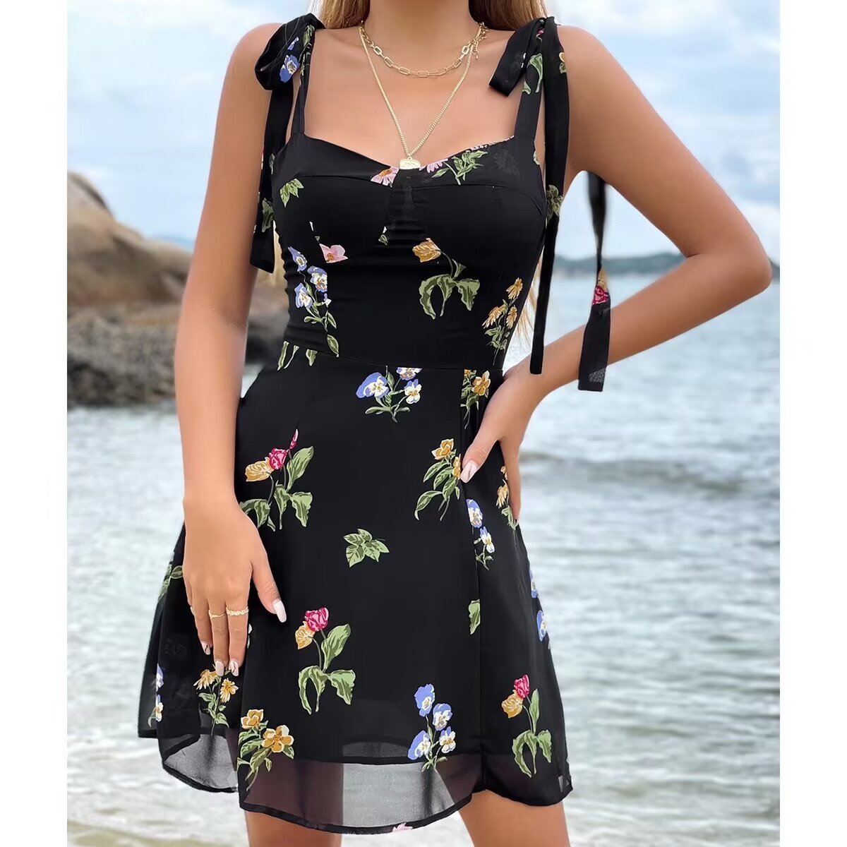 Summer Women Clothing Elegant Slightly Mature Wide Shoulder Strap Printing Dress