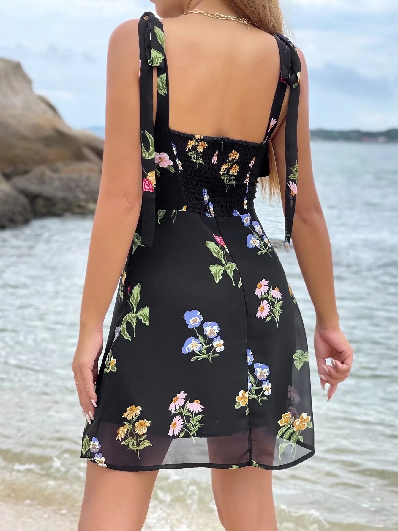 Summer Women Clothing Elegant Slightly Mature Wide Shoulder Strap Printing Dress