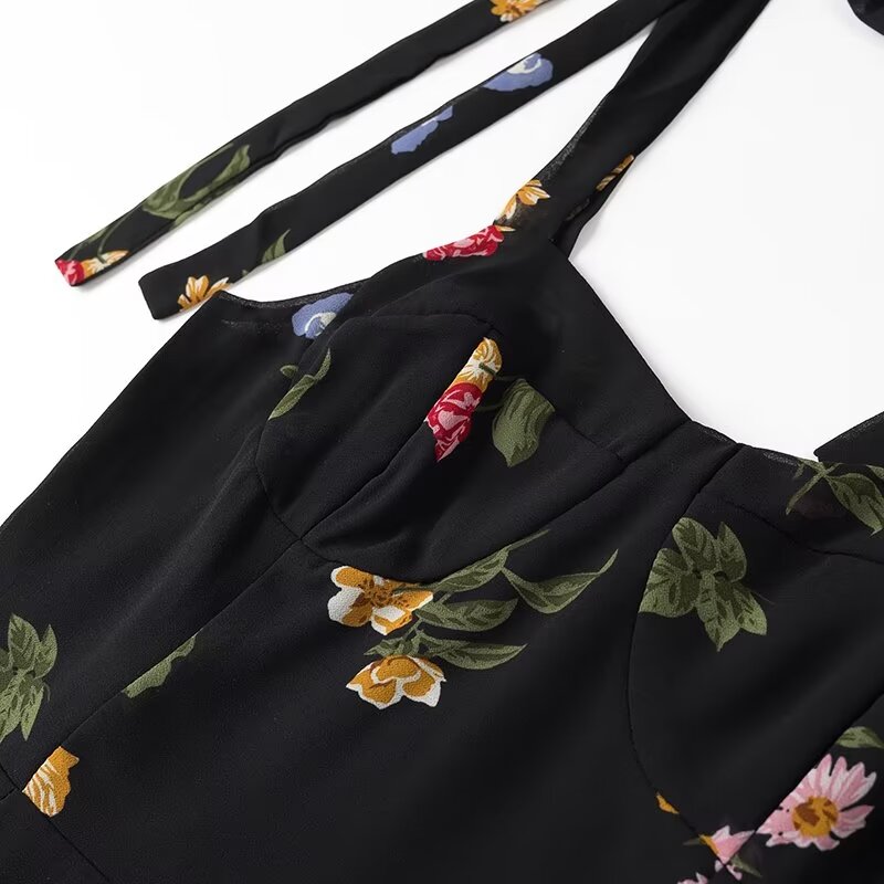 Summer Women Clothing Elegant Slightly Mature Wide Shoulder Strap Printing Dress