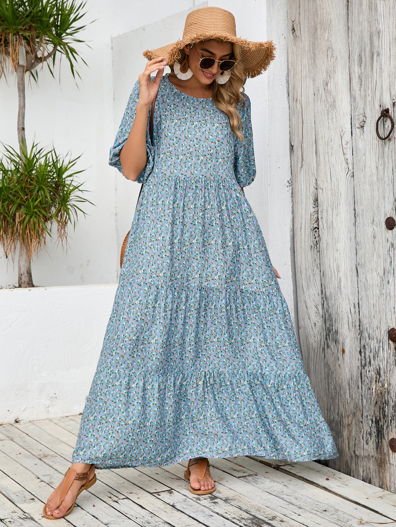 Loose Round Neck Mid Sleeve dress plus size Retro Casual Floral Long Dress