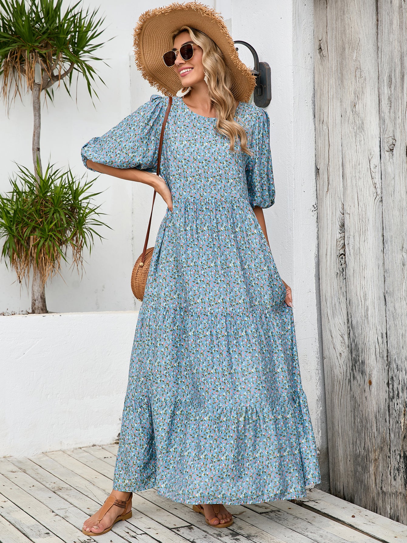 Loose Round Neck Mid Sleeve dress plus size Retro Casual Floral Long Dress