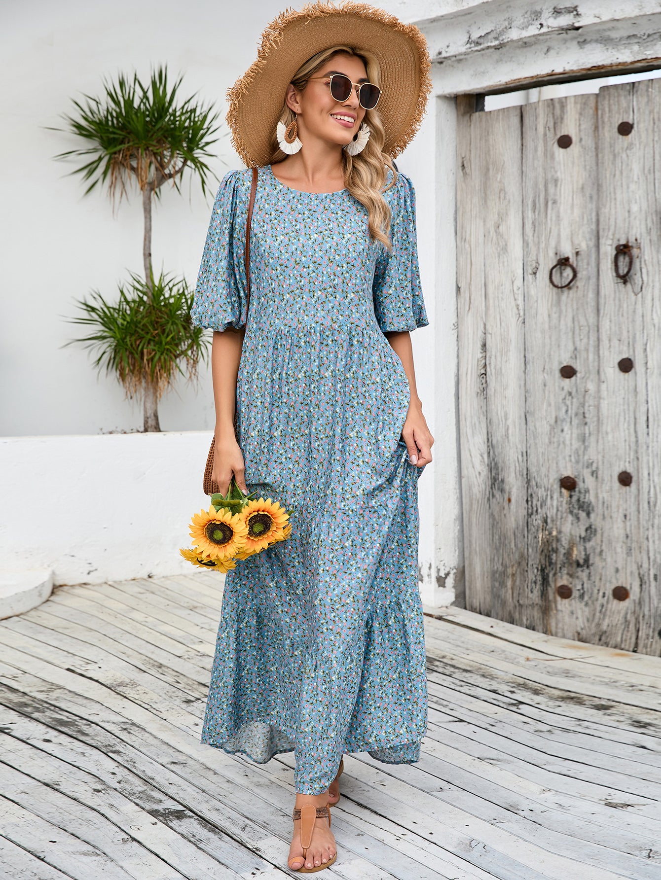 Loose Round Neck Mid Sleeve dress plus size Retro Casual Floral Long Dress