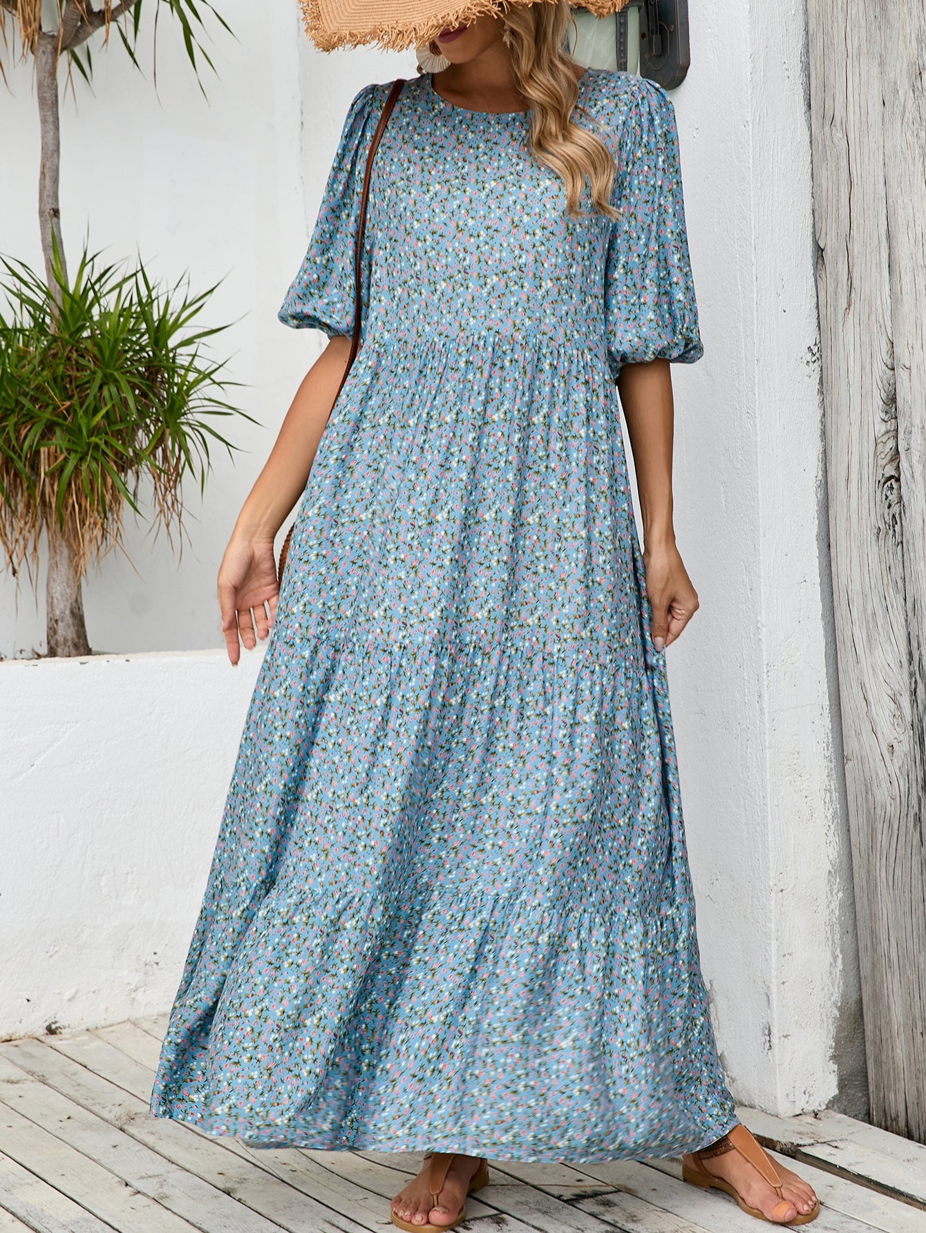 Loose Round Neck Mid Sleeve dress plus size Retro Casual Floral Long Dress