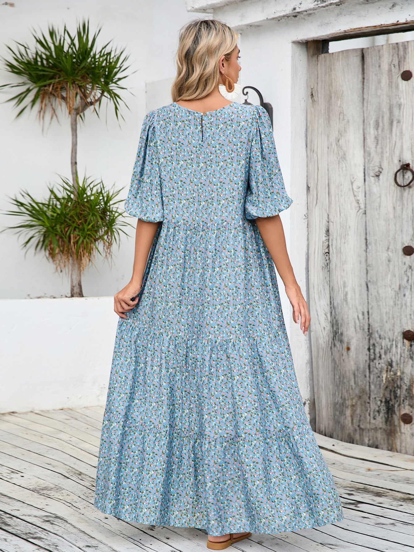 Loose Round Neck Mid Sleeve dress plus size Retro Casual Floral Long Dress