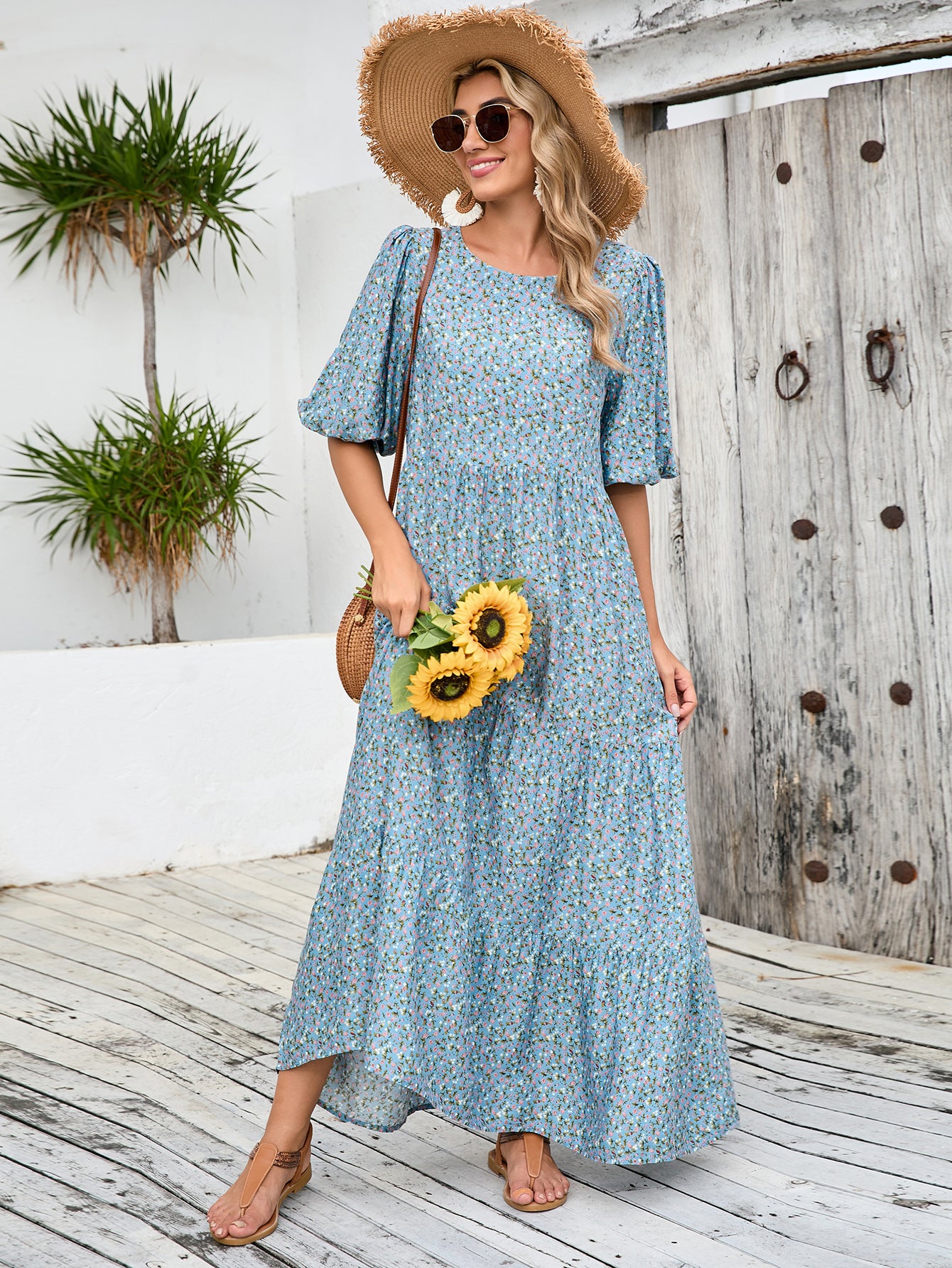 Loose Round Neck Mid Sleeve dress plus size Retro Casual Floral Long Dress