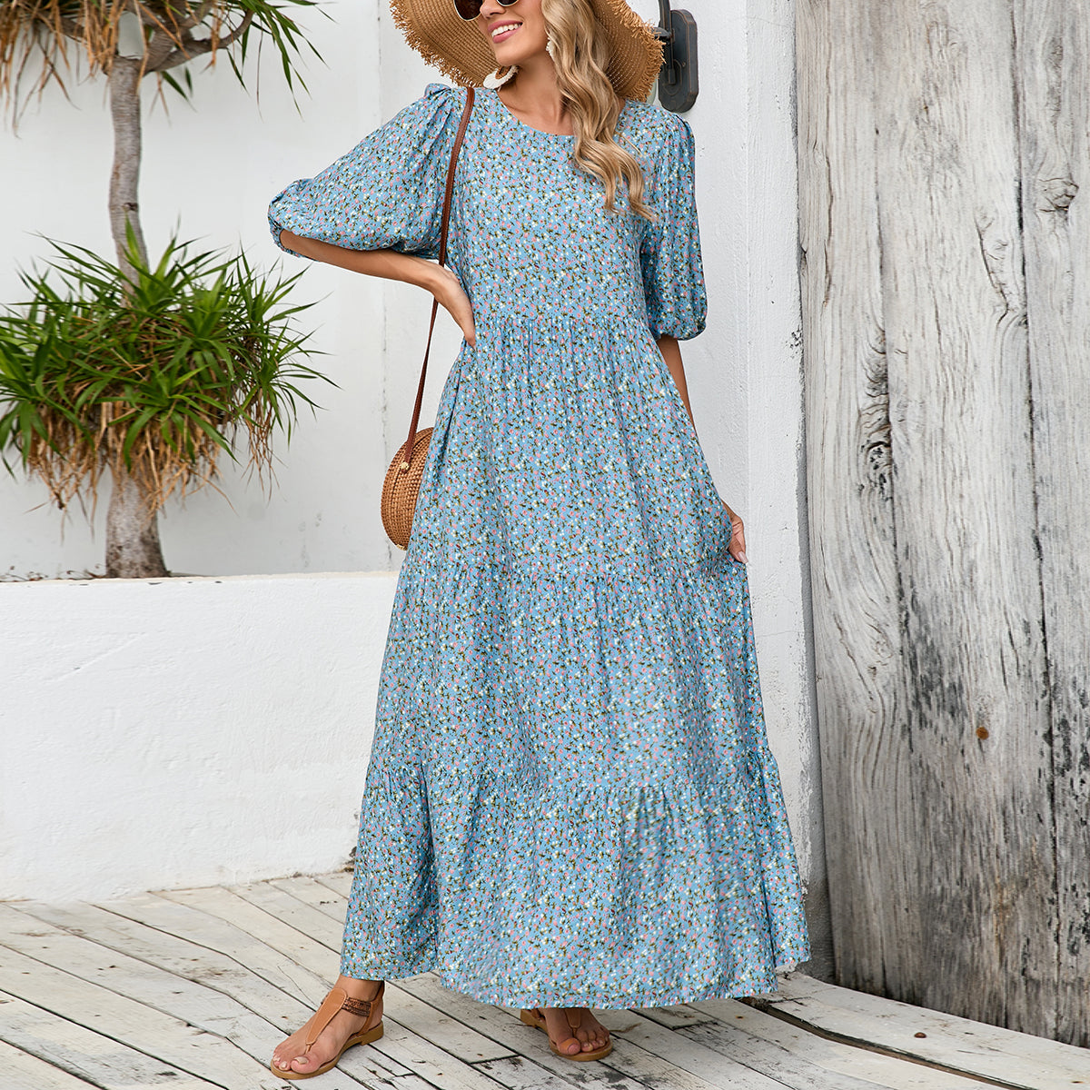 Loose Round Neck Mid Sleeve dress plus size Retro Casual Floral Long Dress