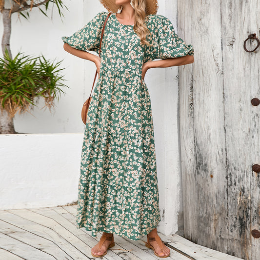 Loose Round Neck Mid Sleeve Dress Retro Casual Floral Long Dress