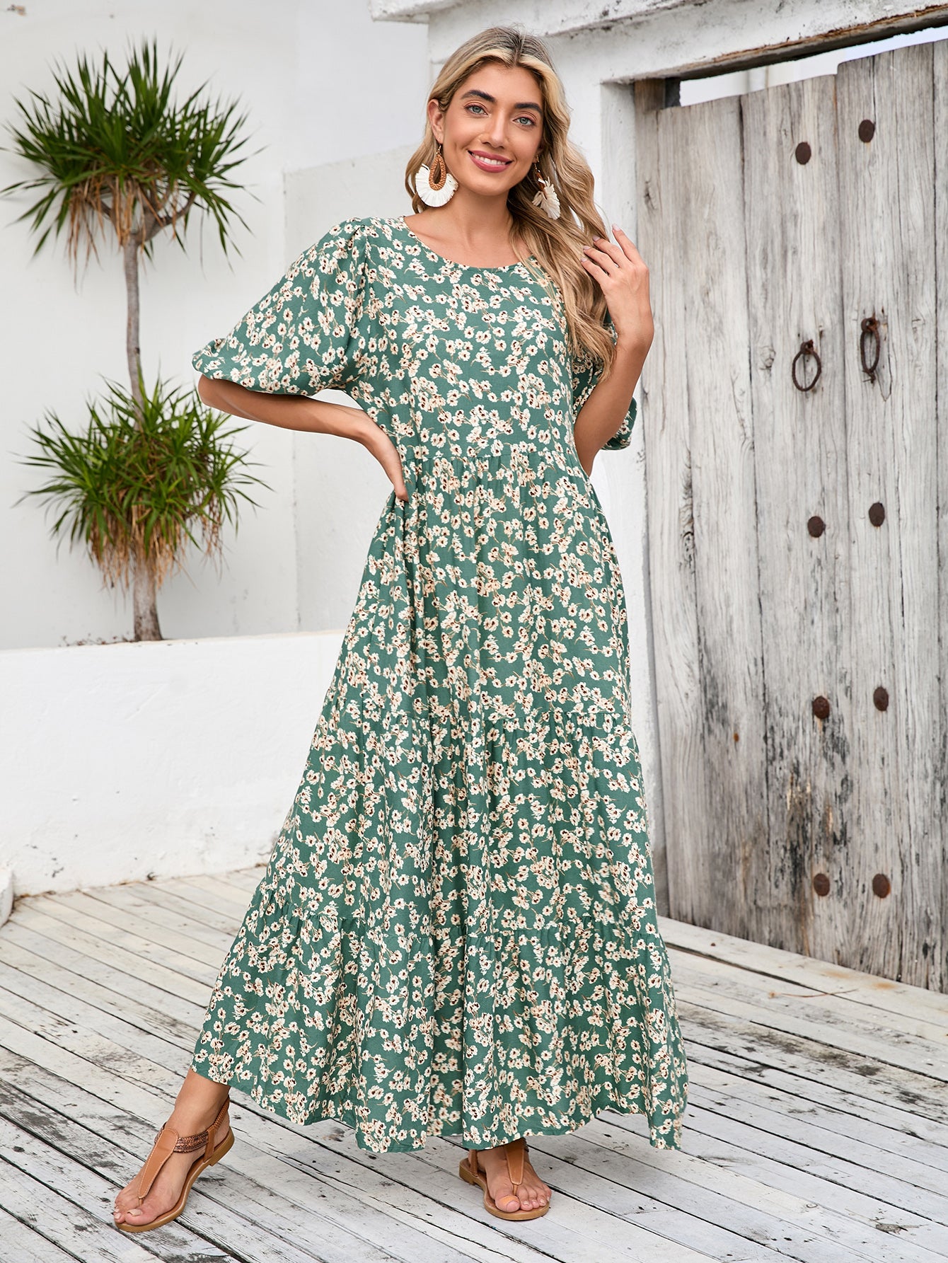 Loose Round Neck Mid Sleeve Dress Retro Casual Floral Long Dress