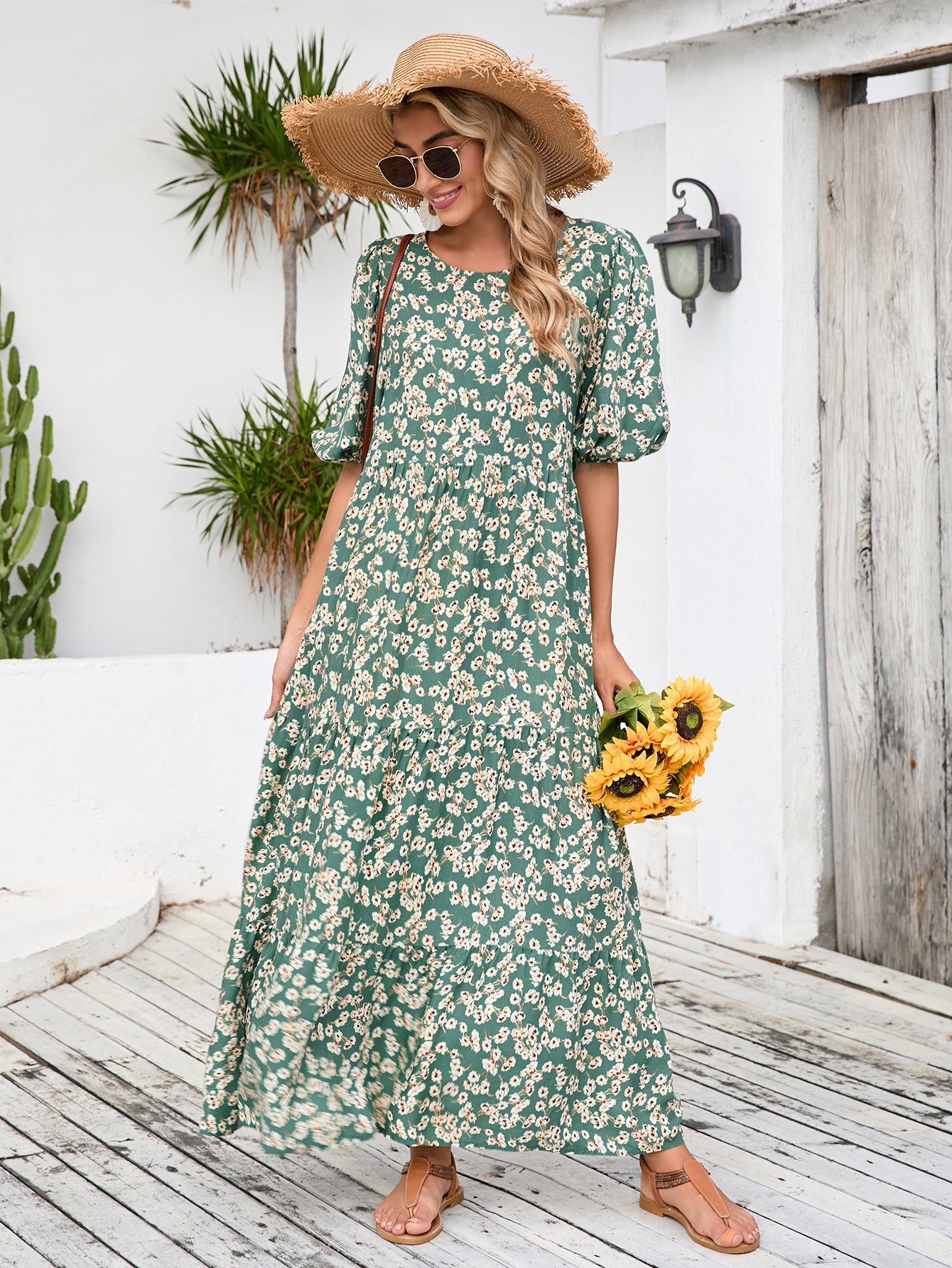 Loose Round Neck Mid Sleeve Dress Retro Casual Floral Long Dress