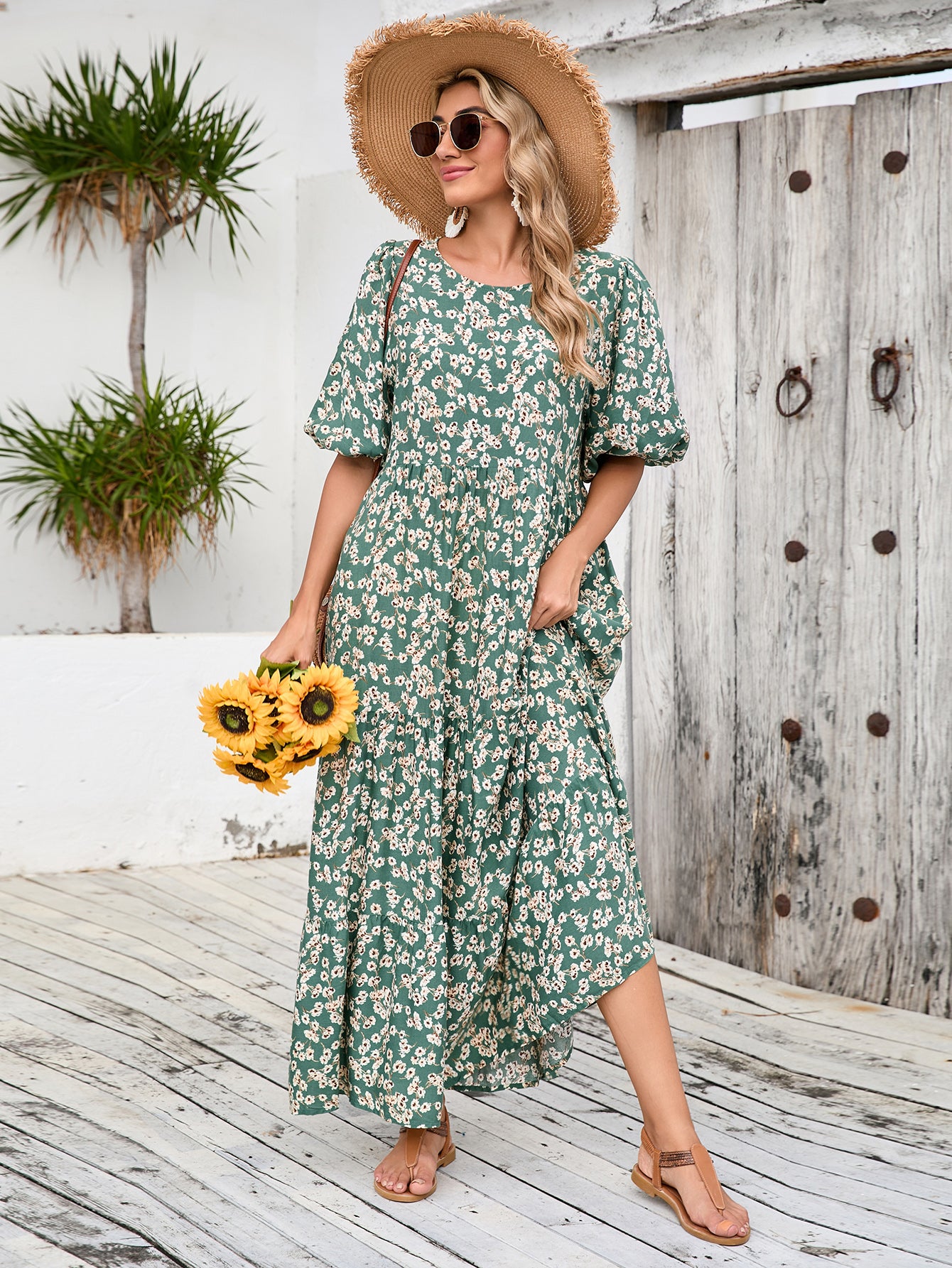 Loose Round Neck Mid Sleeve Dress Retro Casual Floral Long Dress