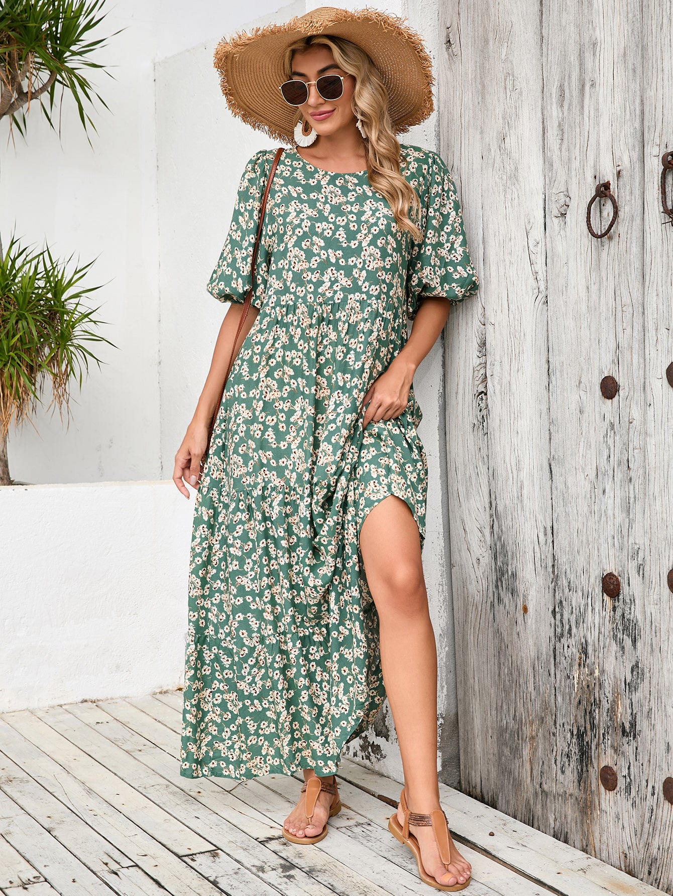 Loose Round Neck Mid Sleeve Dress Retro Casual Floral Long Dress