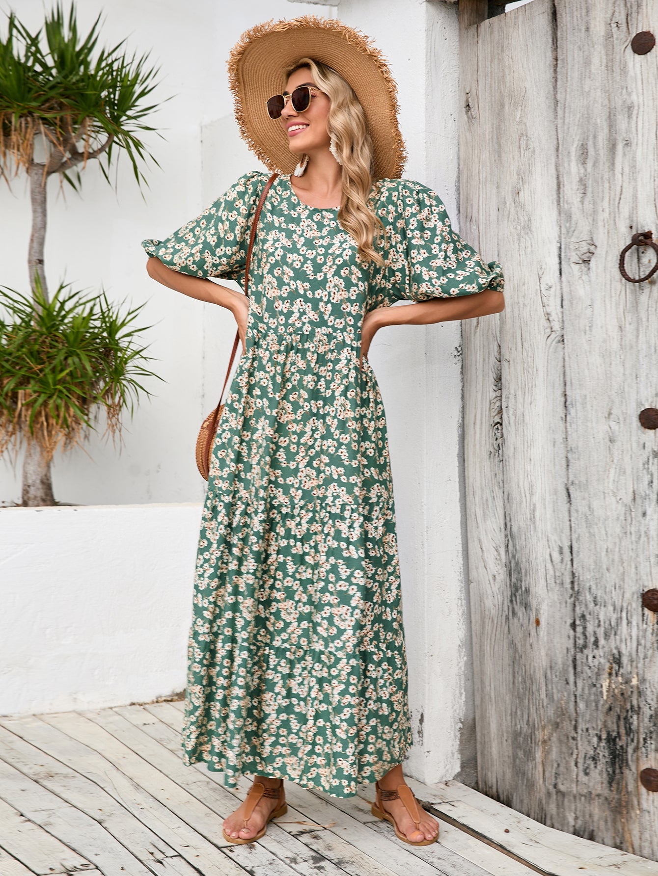 Loose Round Neck Mid Sleeve Dress Retro Casual Floral Long Dress