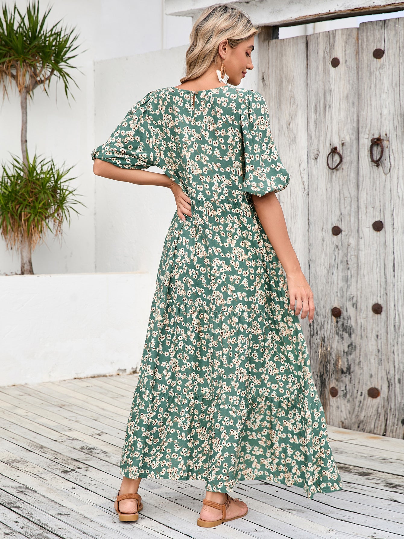 Loose Round Neck Mid Sleeve Dress Retro Casual Floral Long Dress