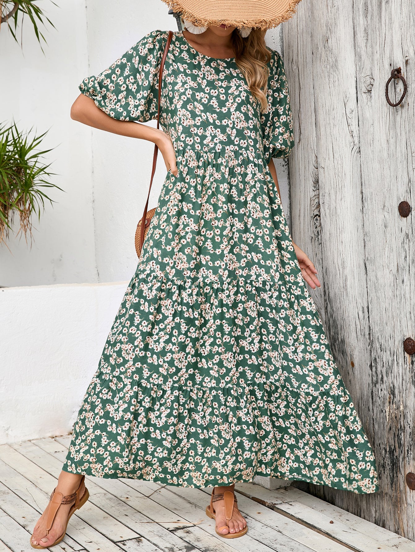 Loose Round Neck Mid Sleeve Dress Retro Casual Floral Long Dress