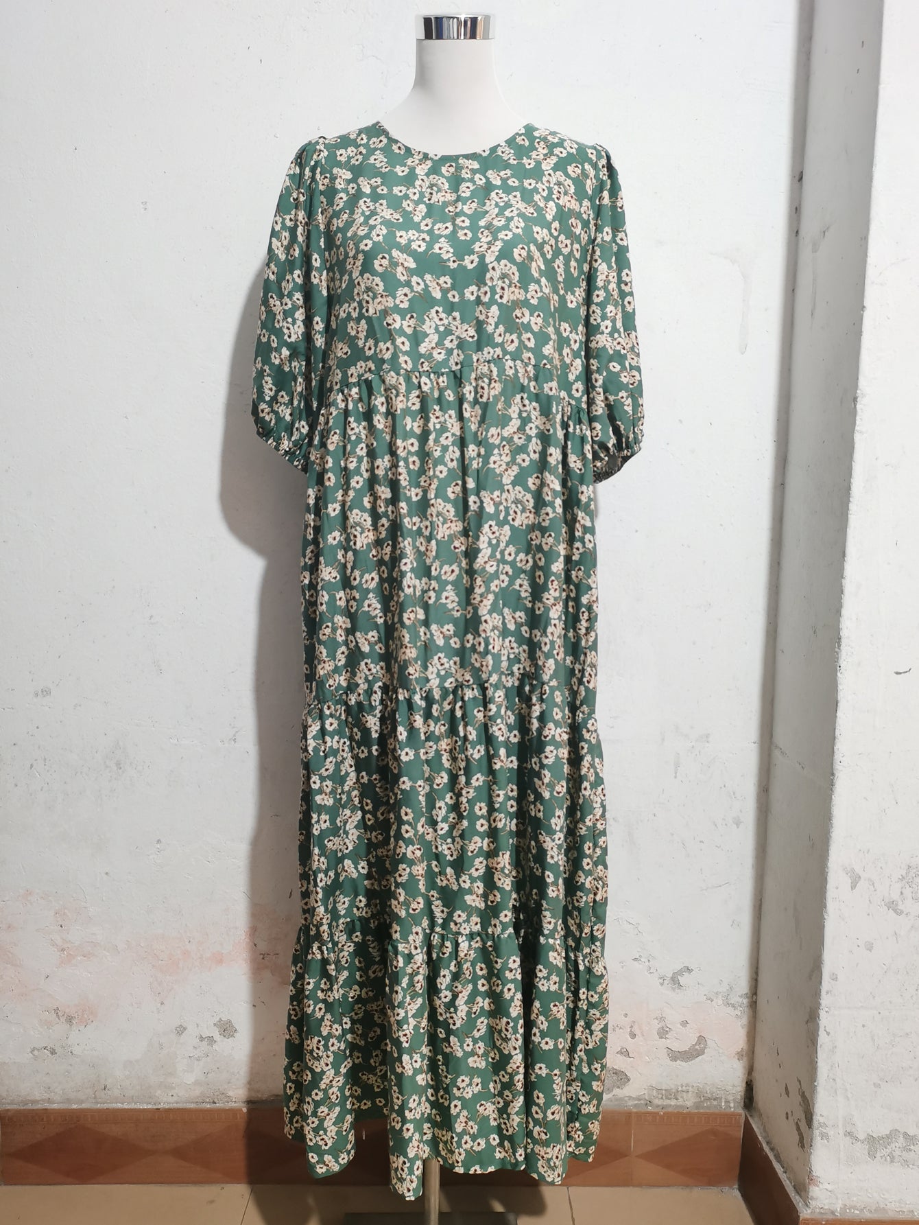 Loose Round Neck Mid Sleeve Dress Retro Casual Floral Long Dress