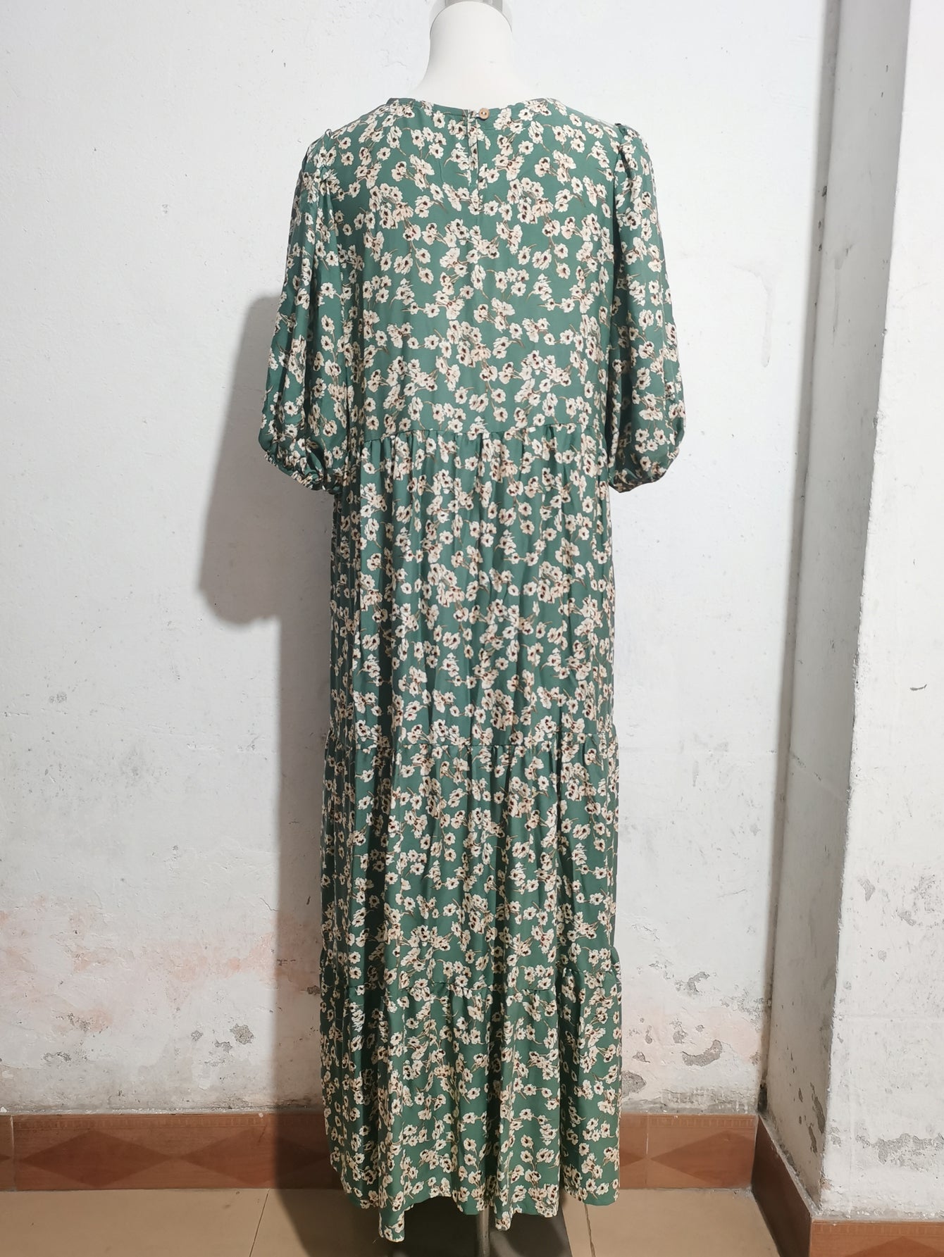 Loose Round Neck Mid Sleeve Dress Retro Casual Floral Long Dress