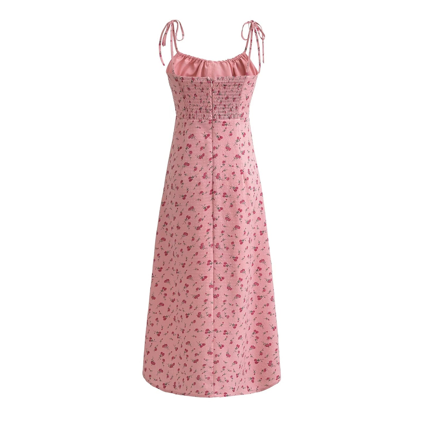 Robe mi-longue à lacets et bretelles, motif Floral Rose doux français, taille serrée, Slim, ligne A, vacances, été