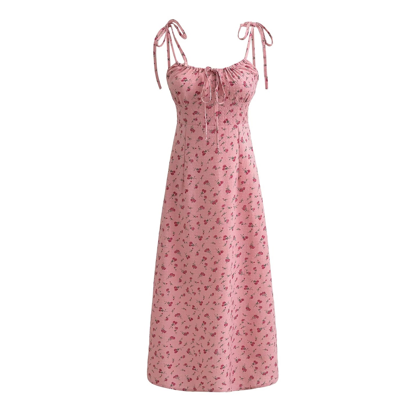 Robe mi-longue à lacets et bretelles, motif Floral Rose doux français, taille serrée, Slim, ligne A, vacances, été