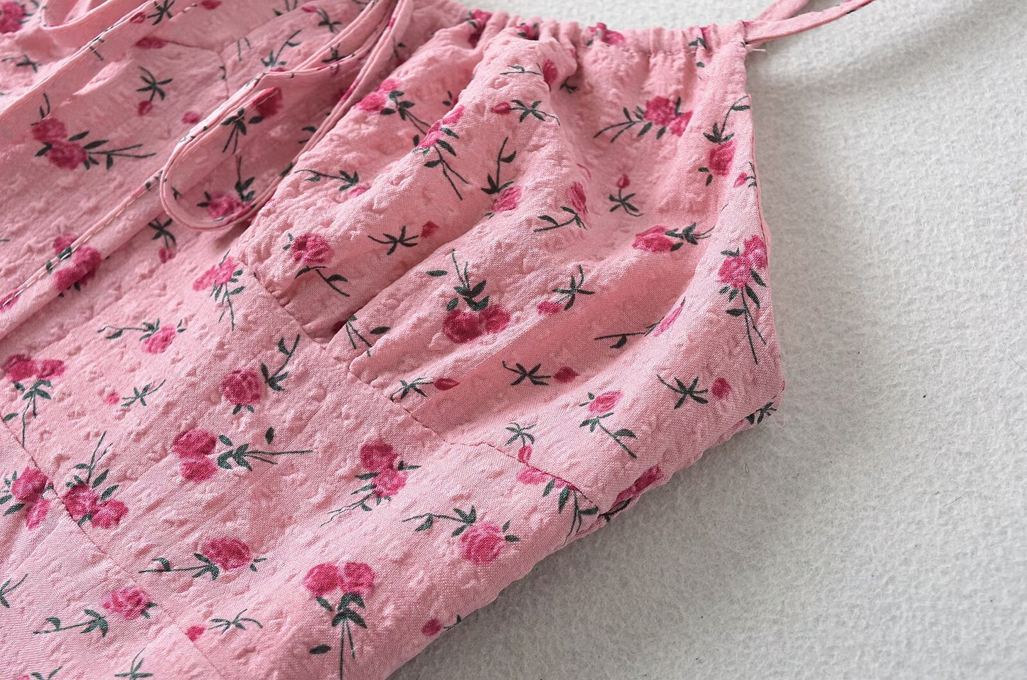 Robe mi-longue à lacets et bretelles, motif Floral Rose doux français, taille serrée, Slim, ligne A, vacances, été