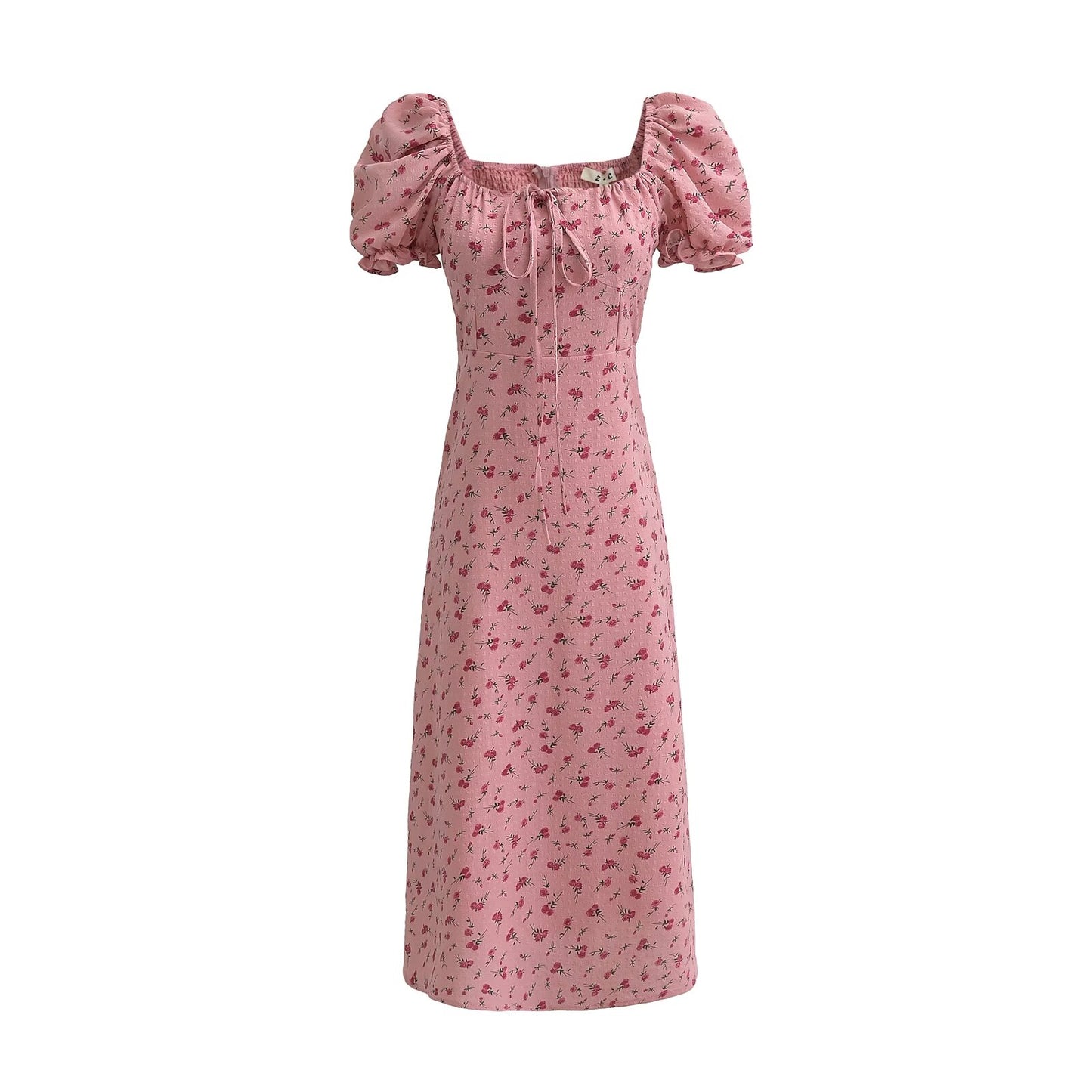 Summer Pink Roses Maxi Dress Puff Sleeve Self Tie Dress