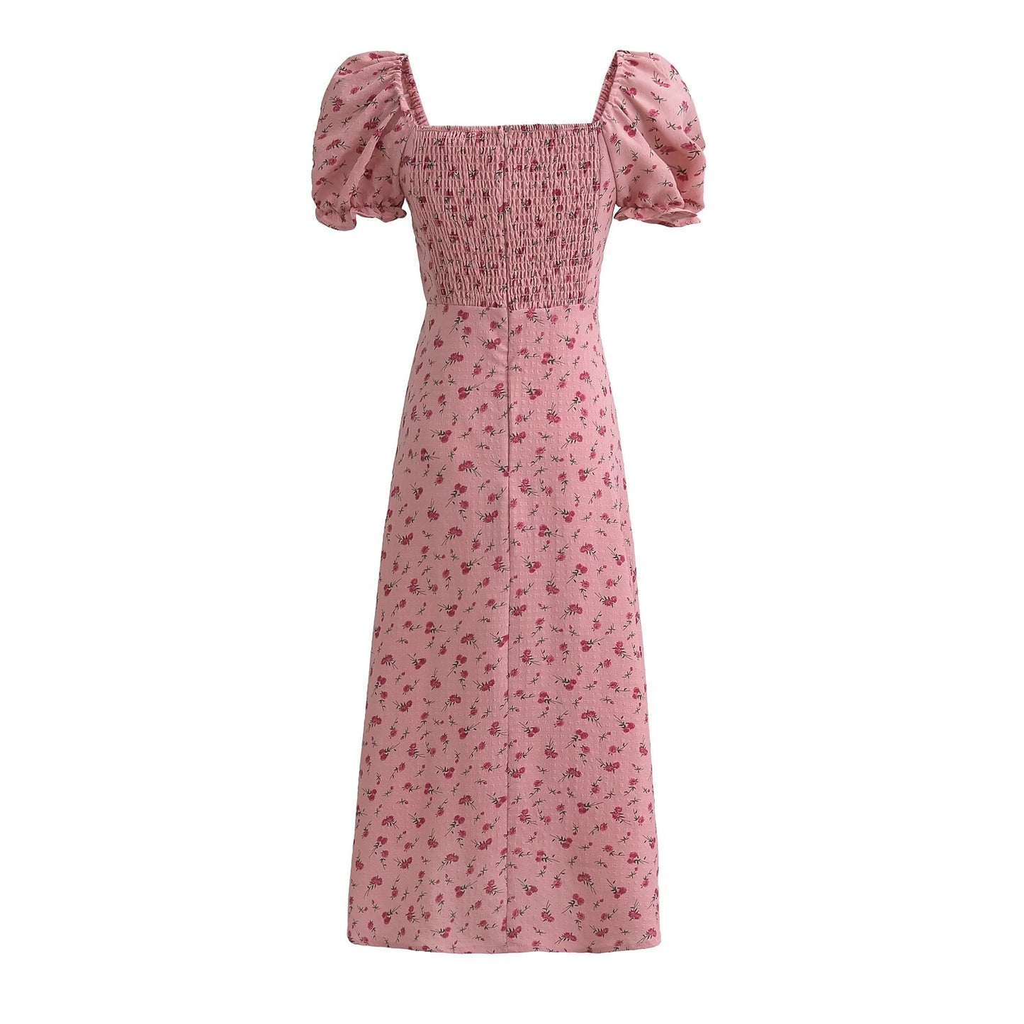 Summer Pink Roses Maxi Dress Puff Sleeve Self Tie Dress