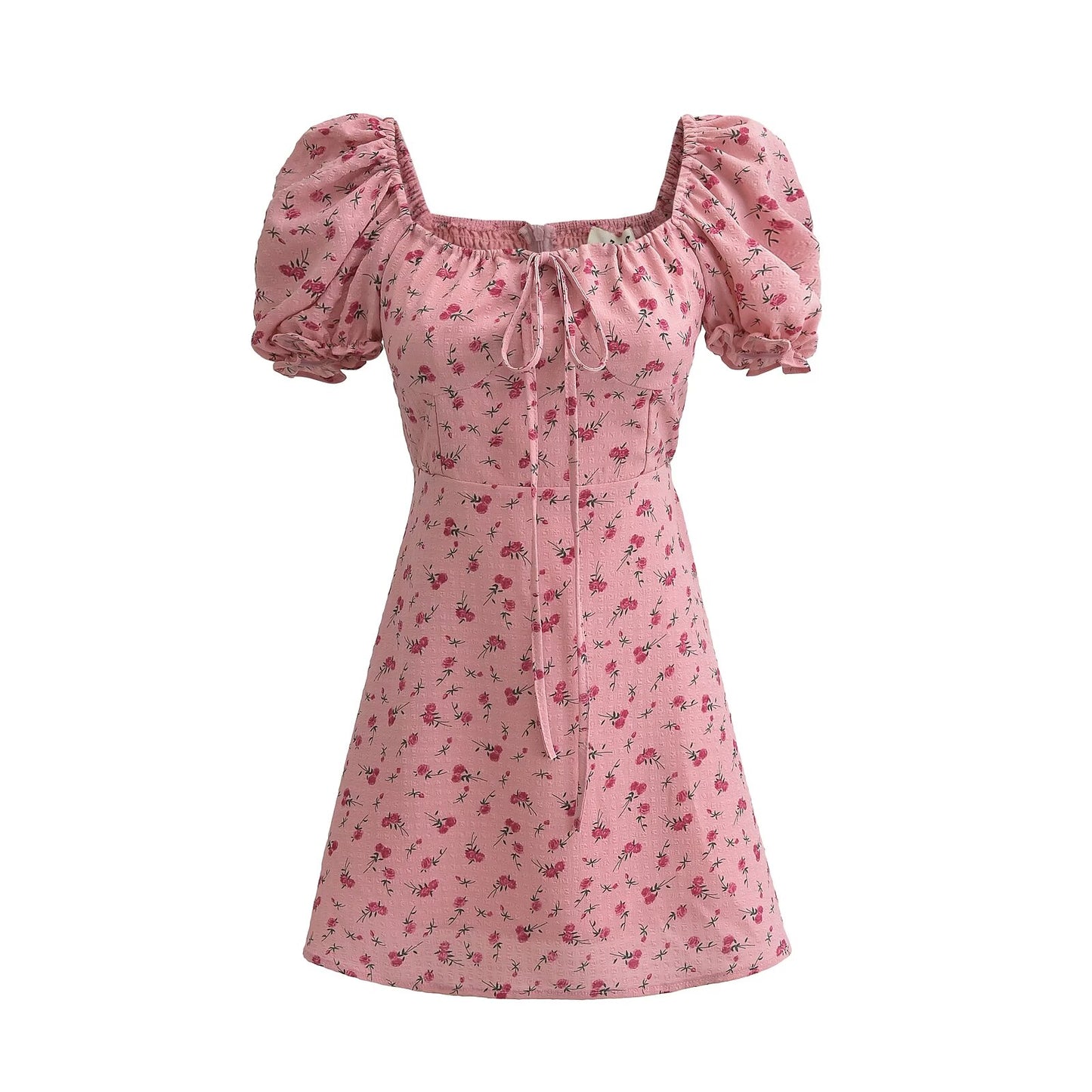 Summer Pink Roses Dress Puff Sleeve Lace up Sexy Dress