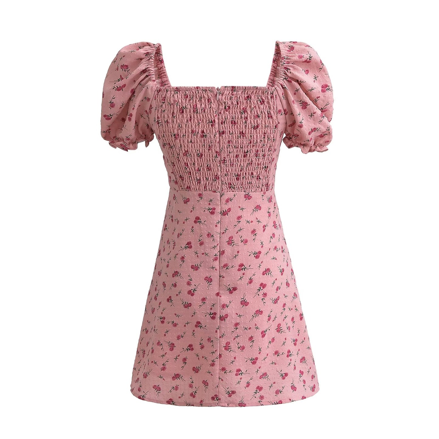 Summer Pink Roses Dress Puff Sleeve Lace up Sexy Dress