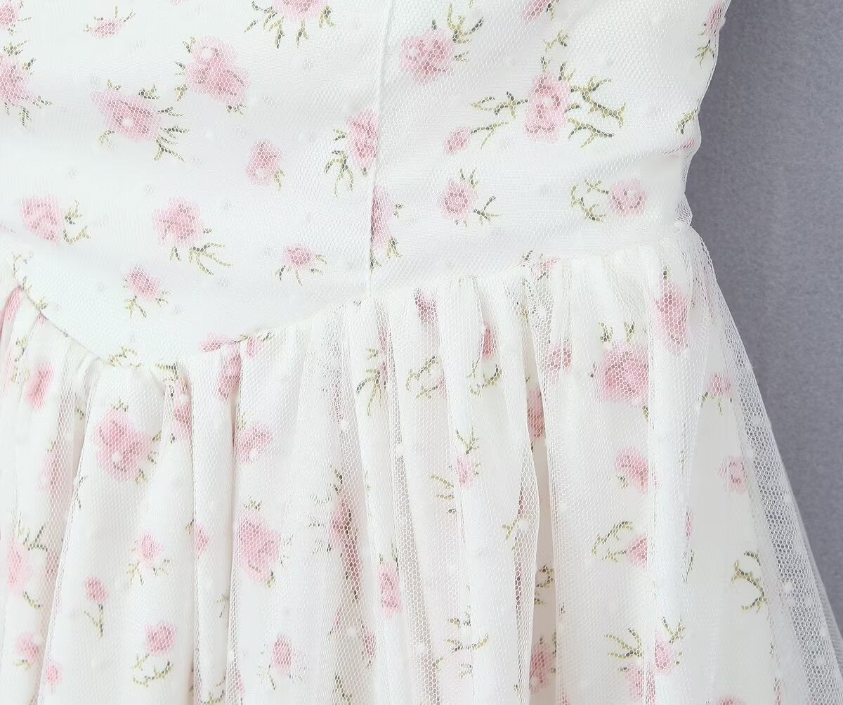 Vestido sin tirantes con estampado de lazo de malla fresco y dulce de verano