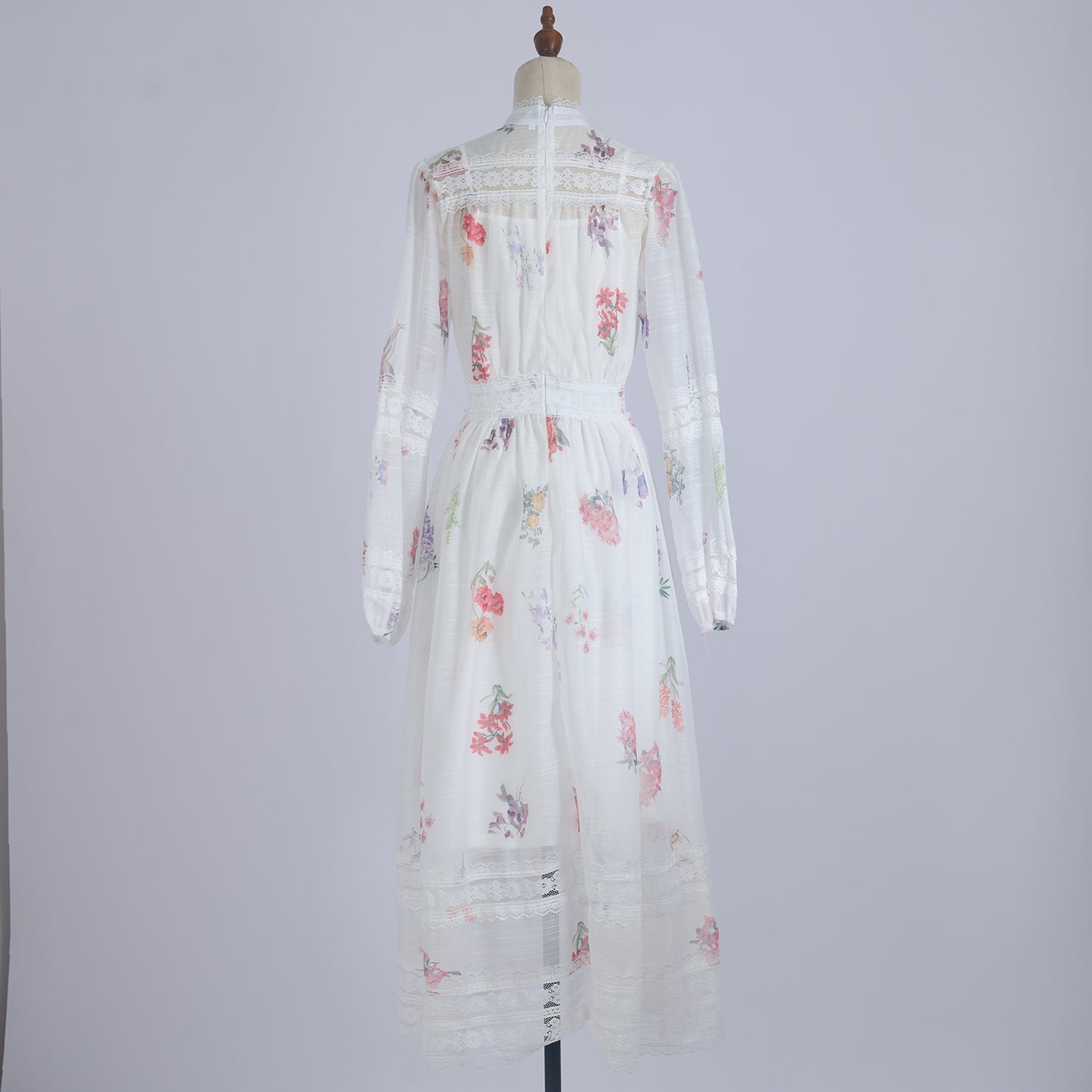 Lace V Neck Floral Button White Fairy Print Dress