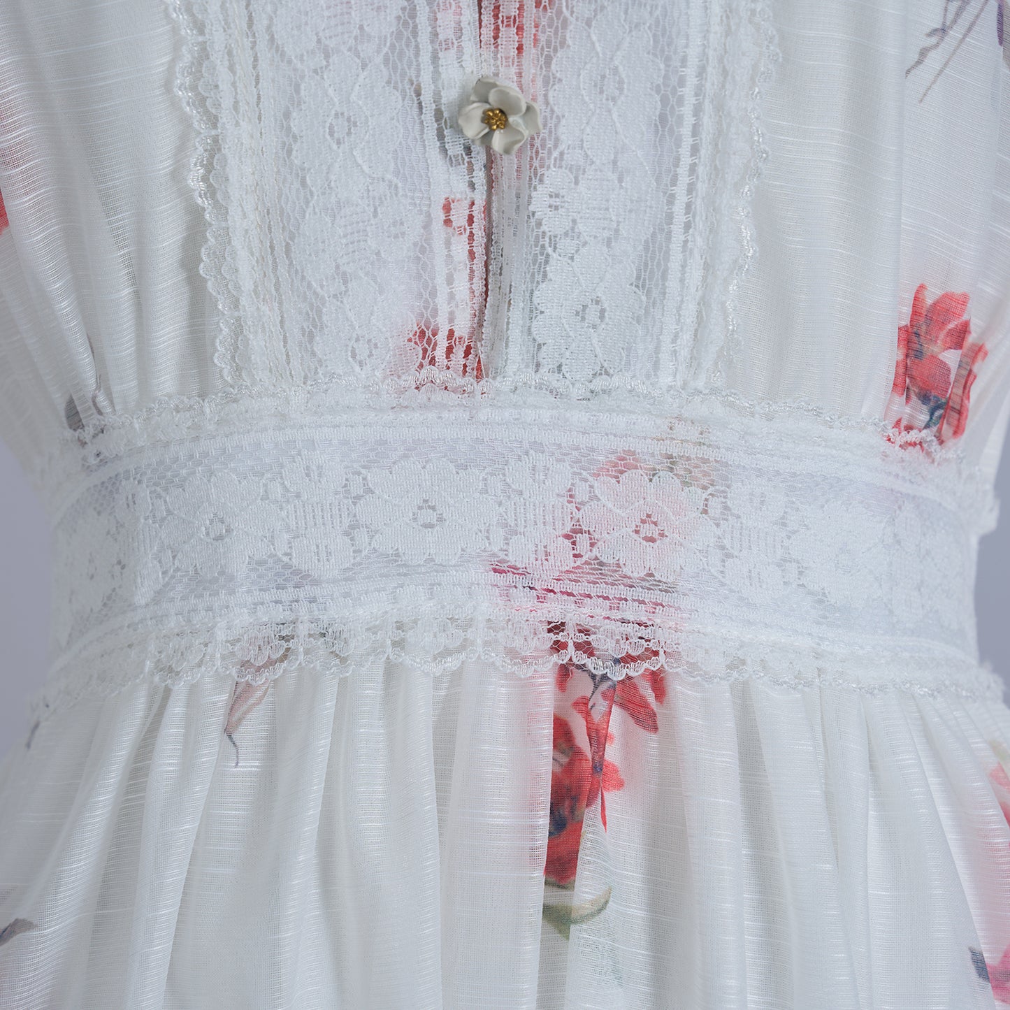 Lace V Neck Floral Button White Fairy Print Dress