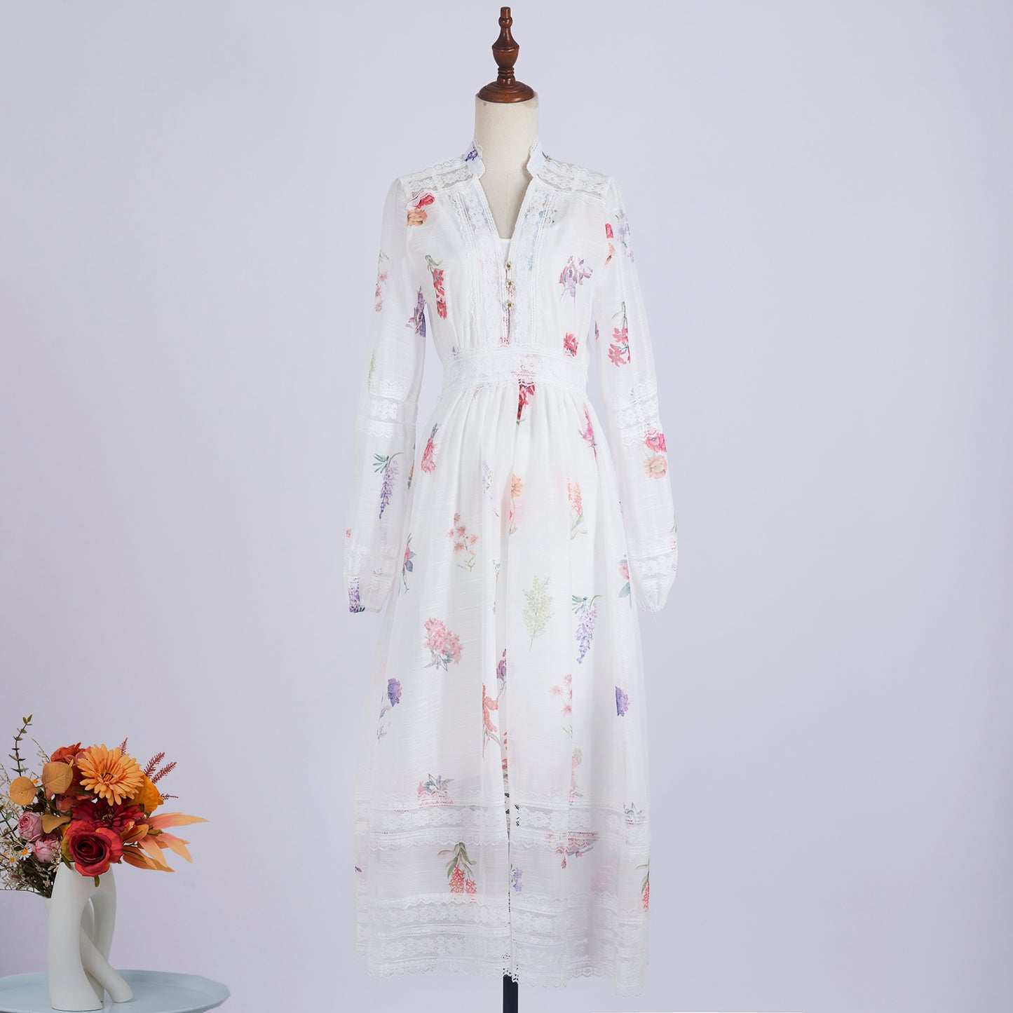 Lace V Neck Floral Button White Fairy Print Dress