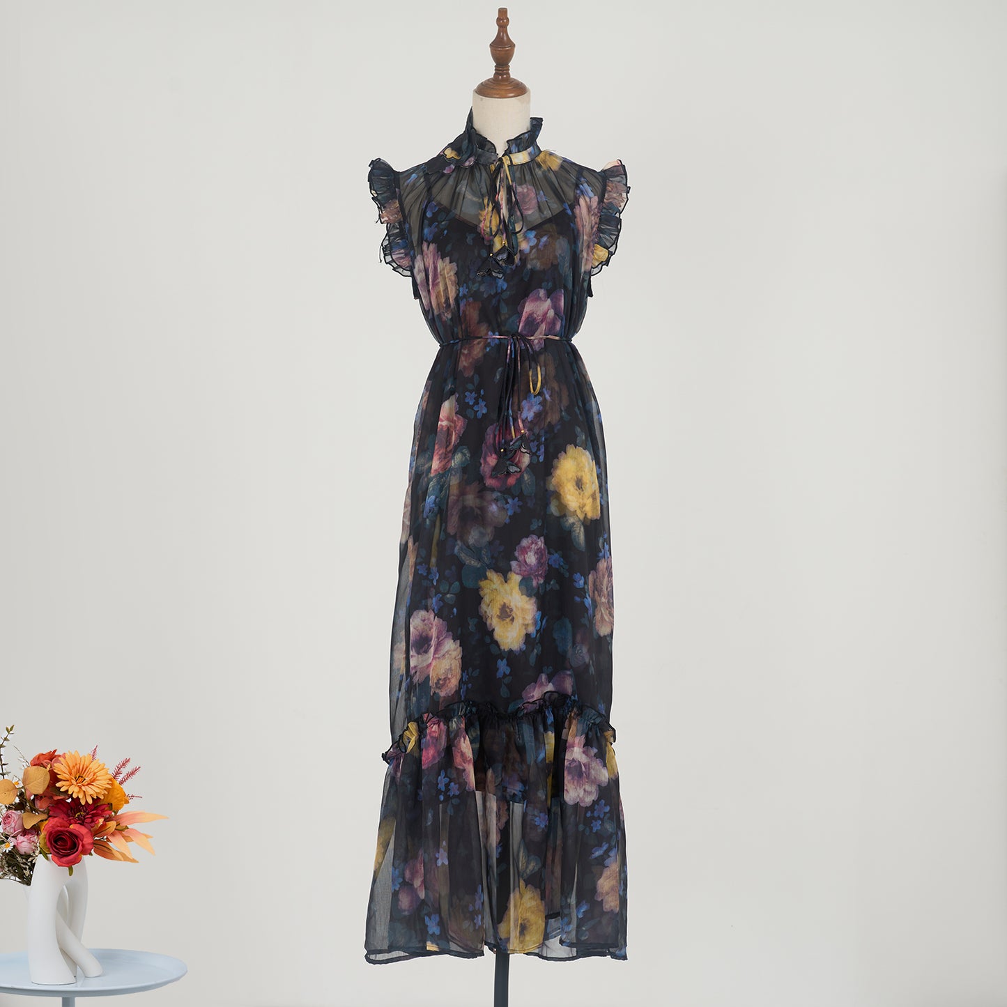 Robe deux pièces brodée de fleurs noires, fleur tridimensionnelle, bord d'oreille, écharpe pour femmes