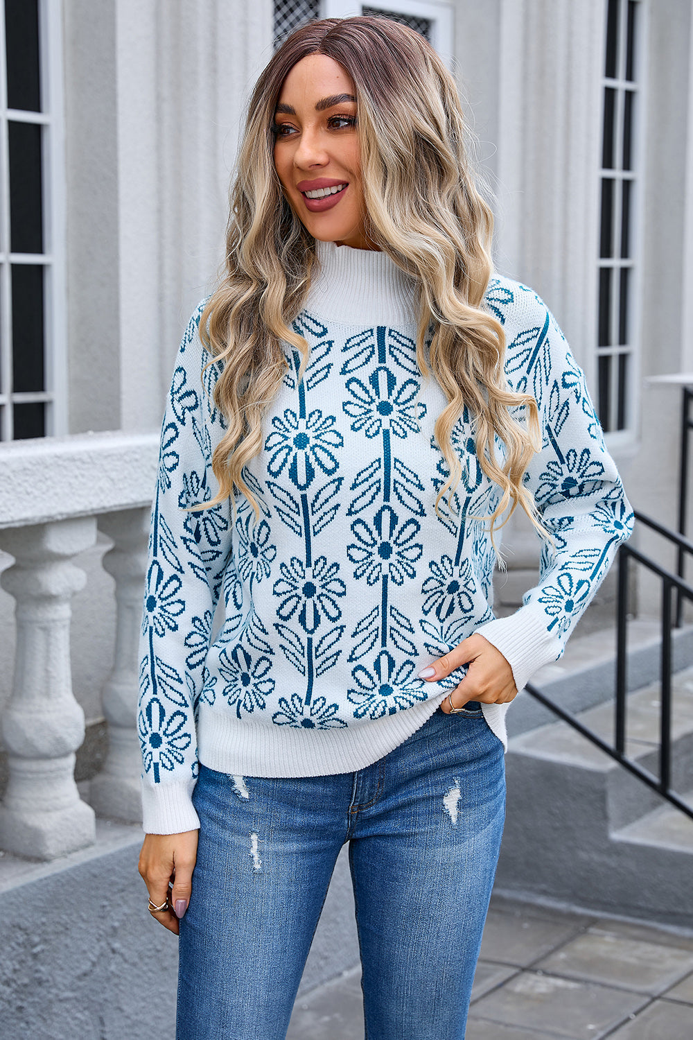 Pull floral à col roulé pour femme, célébrité en ligne, automne et hiver