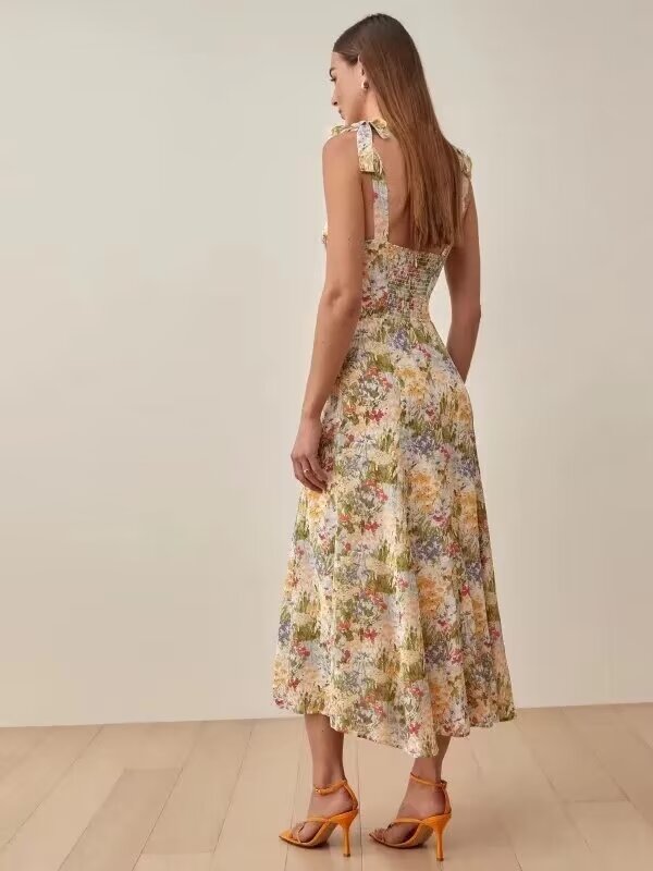 Vestido lencero con estampado de pintura al óleo para mujer, vestido dulce con diseño de cordones