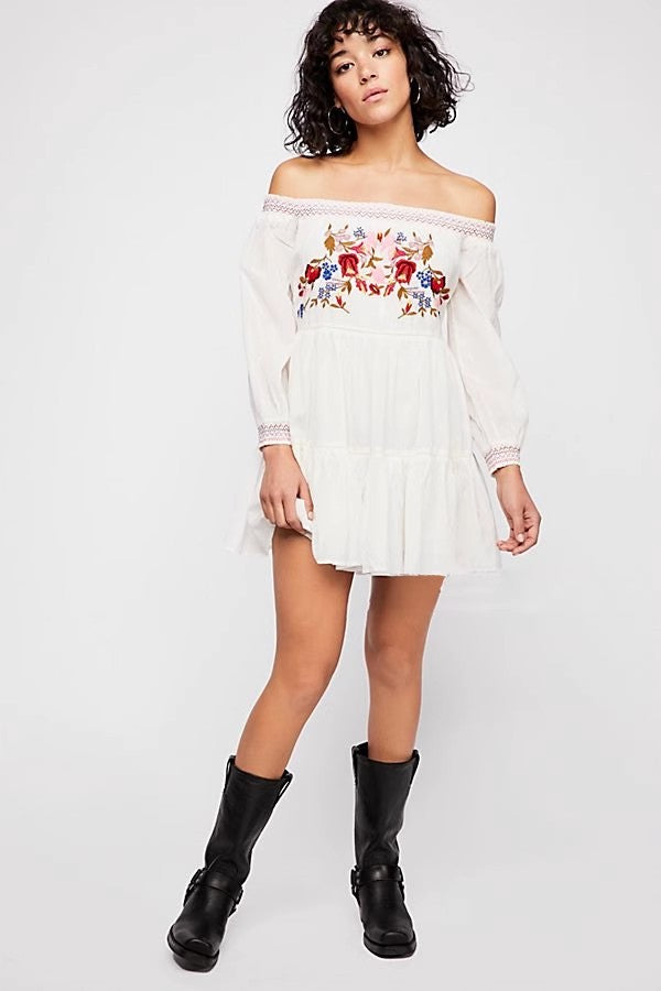 Bohemian Flower Embroidered Off Shoulder Dress