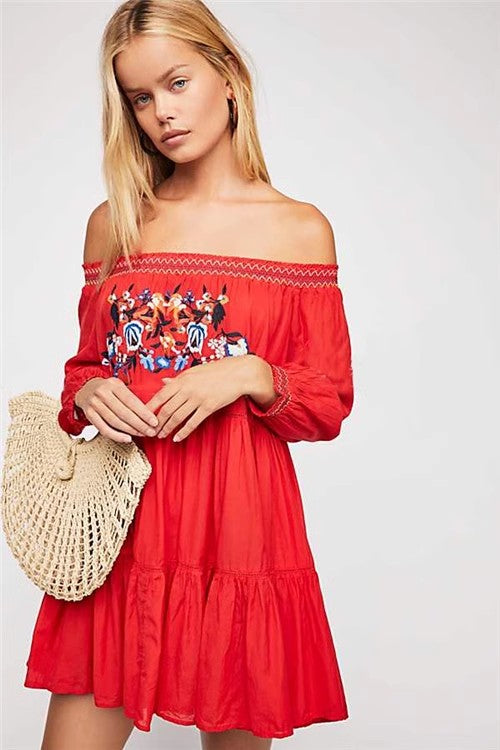 Bohemian Flower Embroidered Off Shoulder Dress