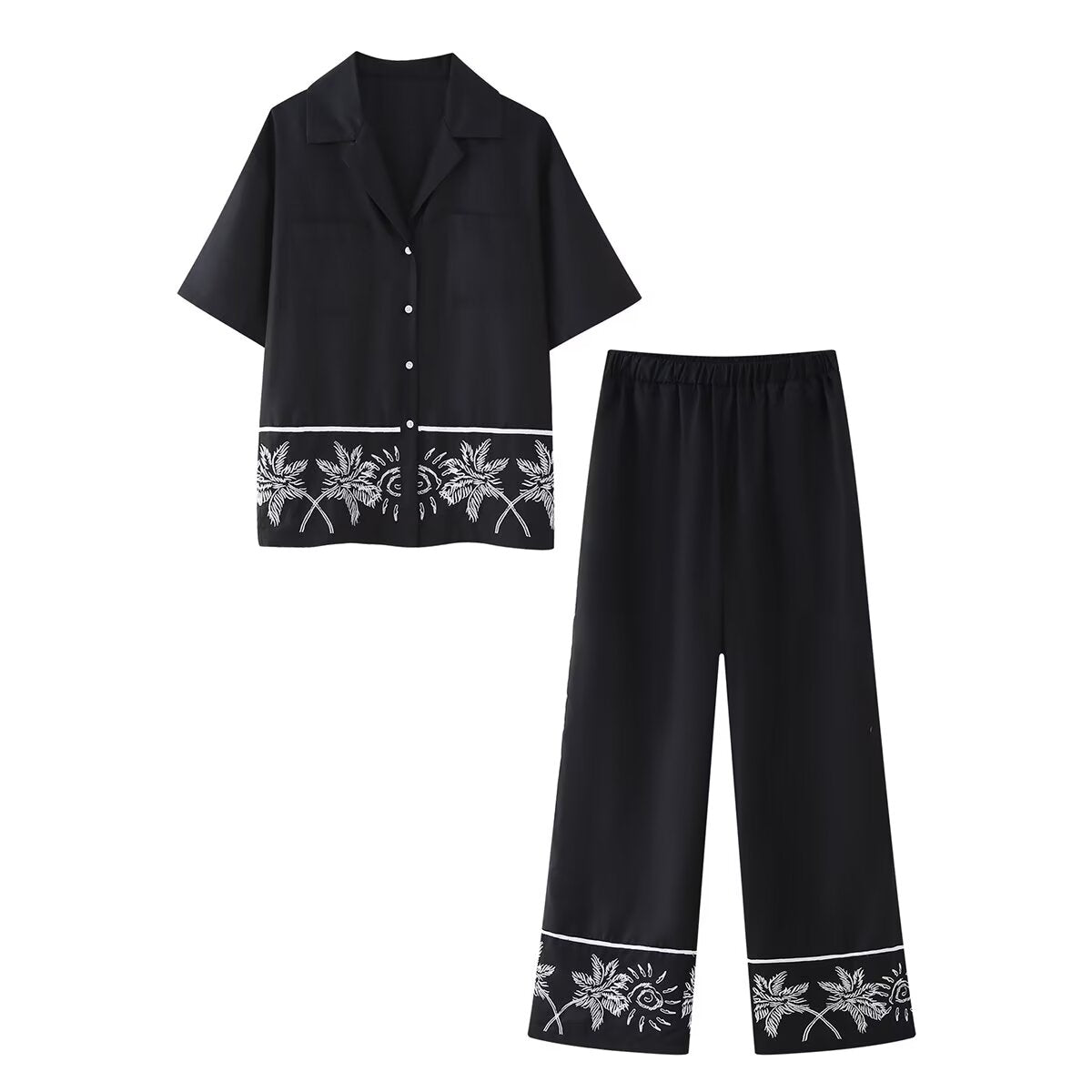 Summer Embroidered Short Sleeve Shirt Pant Sets